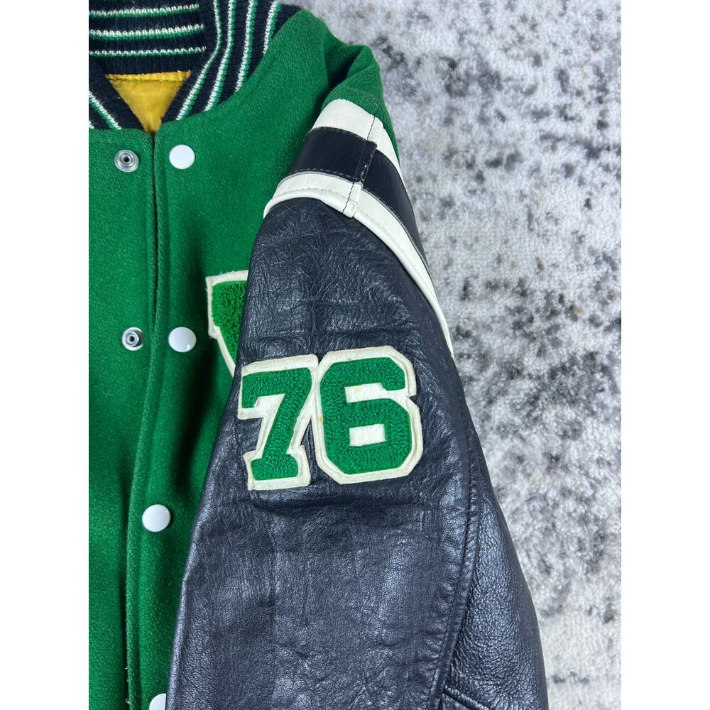Vintage 70s Varsity Letterman Jacket Mens L Green Black Wool Leather Patch 76 - Picture 3 of 7